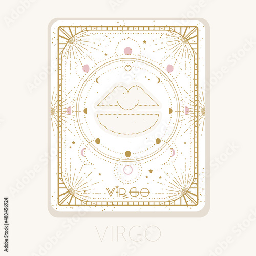 Zodiac sign Virgo card. Astrological horoscope symbol with moon phases. Graphic gold icon on a white background. Vector line art illustration