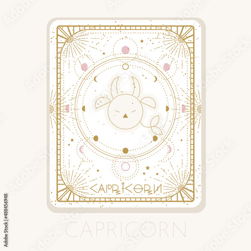 Zodiac sign Capricorn card. Astrological horoscope symbol with moon phases. Graphic gold icon on a white background. Vector line art illustration