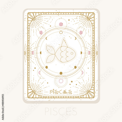 Zodiac sign Pisces card. Astrological horoscope symbol with moon phases. Graphic gold icon on a white background. Vector line art illustration