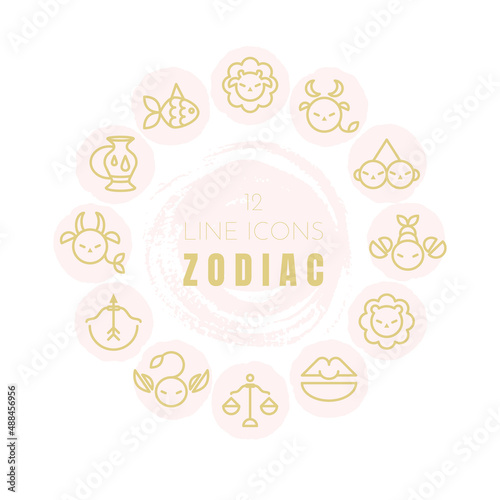 Zodiac sign icons collection. Minimalistic astrological horoscope symbols. Stylized simple graphic elements for design. Vector line art illustration