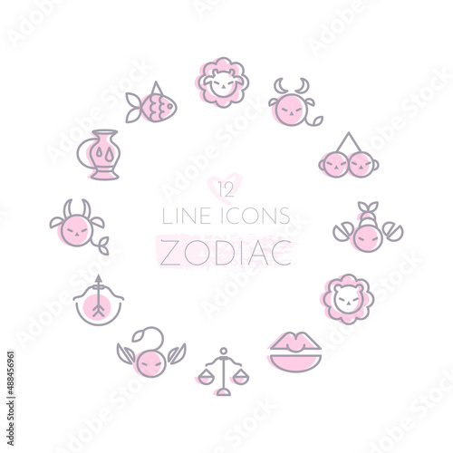 Zodiac sign icons collection. Minimalistic astrological horoscope symbols. Stylized simple graphic elements for design. Vector line art illustration