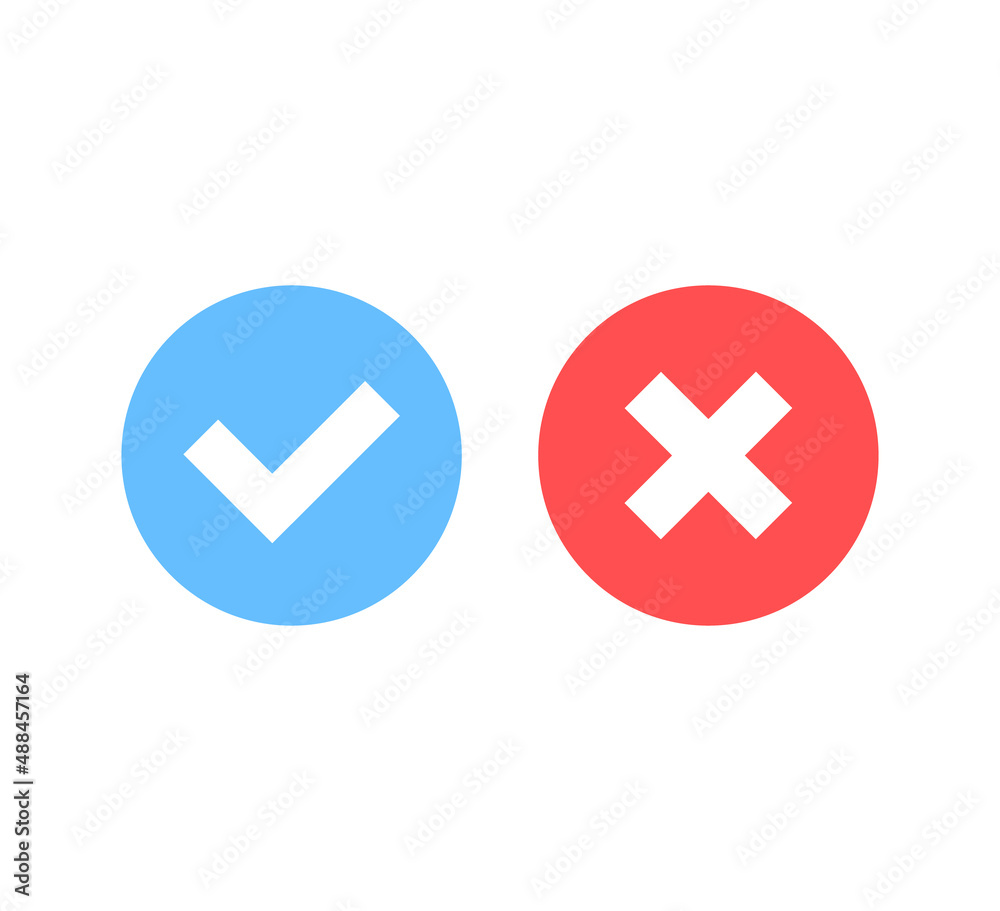 Check mark icons. Blue tick and red cross checkmarks round flat icons set. Vector illustration isolated on white background Check mark icons. Blue tick and red cross checkmarks round flat icons set. Vector illustration isolated on white background