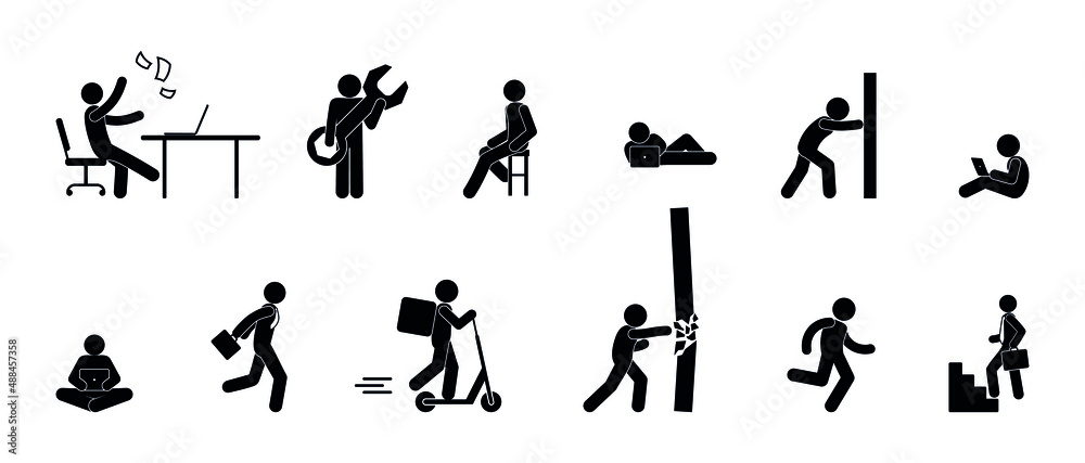 set of business icons, people work, stick figure human silhouette, isolated pictograms set of business icons, people work, stick figure human silhouette, isolated pictograms
