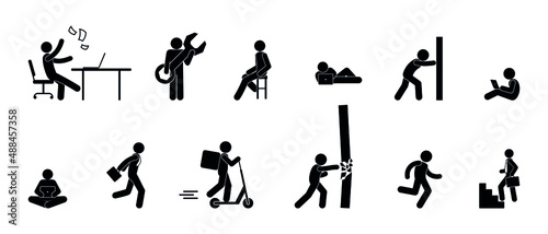 set of business icons, people work, stick figure human silhouette, isolated pictograms