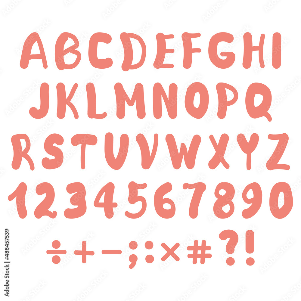 English alphabet hand-drawn in cartoon style. Doodling. Coral color of handwritten font. Numbers, punctuation marks. Pink color, white background. Children's letters for printing design or education. English alphabet hand-drawn in cartoon style. Doodling. Coral color of handwritten font. Numbers, punctuation marks. Pink color, white background. Children's letters for printing design or education.