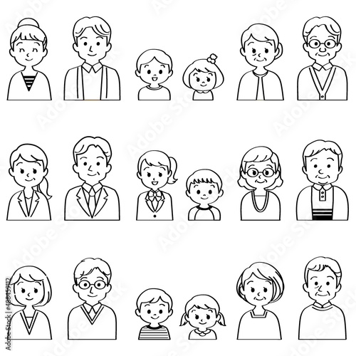 イラスト素材セット：笑顔で正面を向いた3組の3世代家族（バストアップ/線画/主線あり/白黒）
