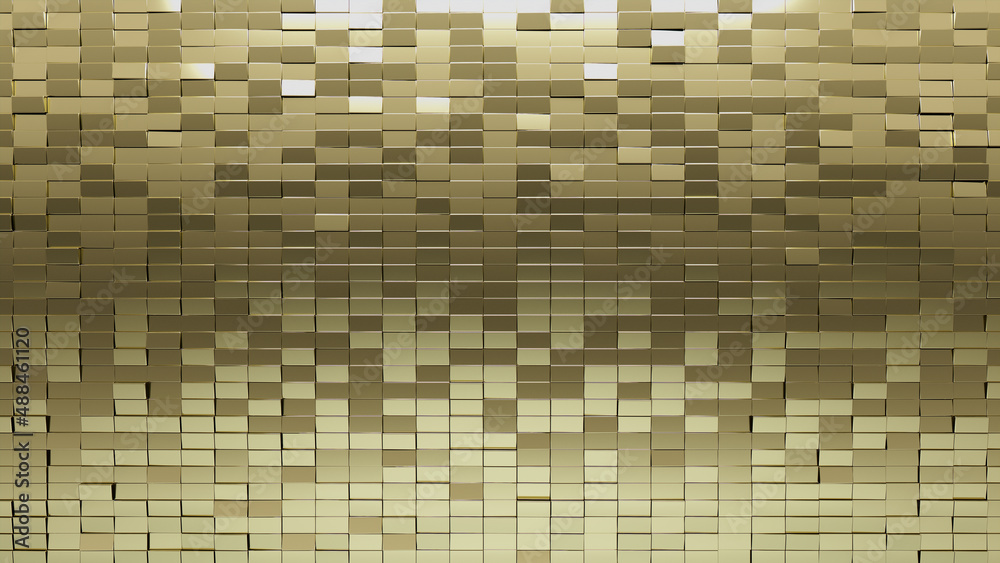 Luxurious Tiles arranged to create a 3D wall. Rectangular, Glossy Background formed from Gold blocks. 3D Render