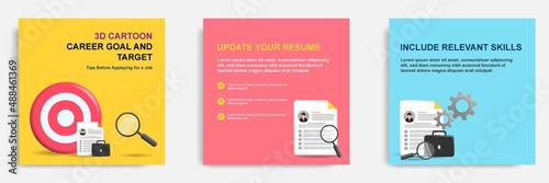 3D cartoon style. Social media informative career goal tips post banner template layout design. Finding and searching job concept with holding magnifier
