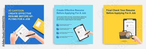 3D cartoon style. Social media informative writing resume tips post banner template layout design. Hand holding pen updating CV and searching job concept with holding magnifier