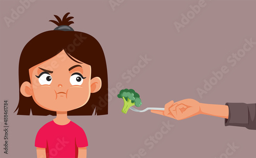 Little Girl Refusing to Eat Broccoli Vector Cartoon Illustration