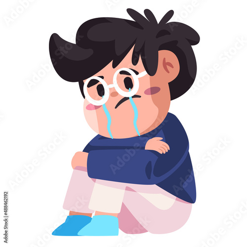 kids feeling sad cry alone sitting bullying victim boys crying upset weeping vector drawing cartoon illustration