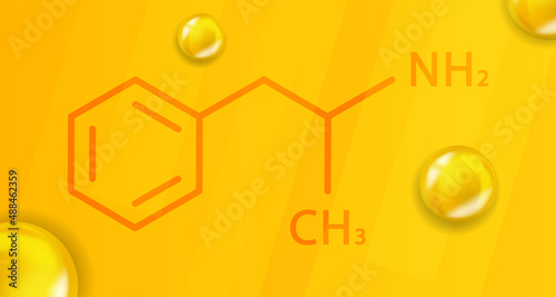 Amphetamine chemical formula. Amphetamine 3D Realistic chemical molecular structure