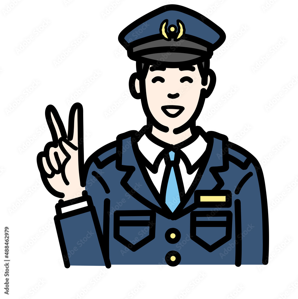 笑顔でピースサインをしている警察官の男性
笑顔でピースサインをしている警察官の男性