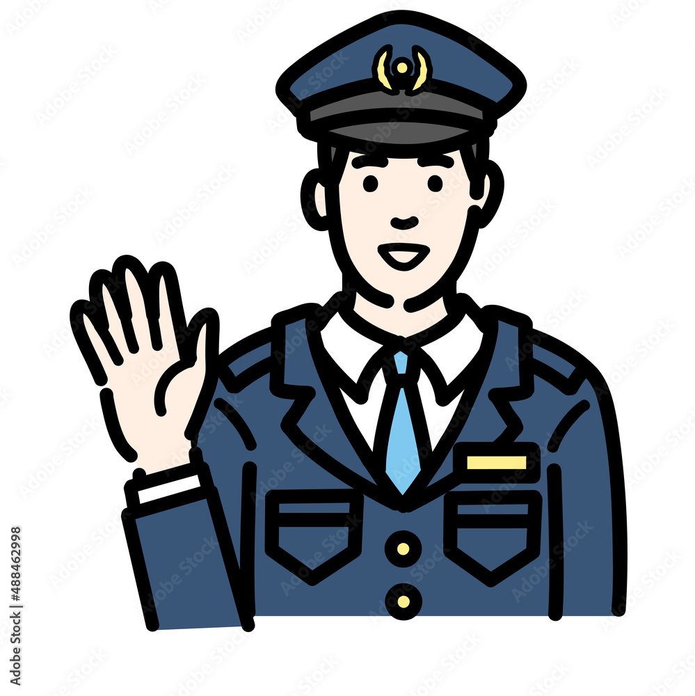 手を挙げて笑顔で挨拶をしている警察官の男性
