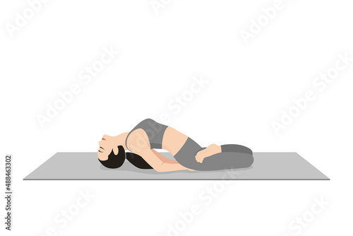 Firelog Pose, Fire Statue Pose, Double Pigeon Pose, Square Pose, Ankle to Knee Pose. Beautiful girl practice Agnistambhasana. Young attractive woman practicing yoga exercise. working out, black wear