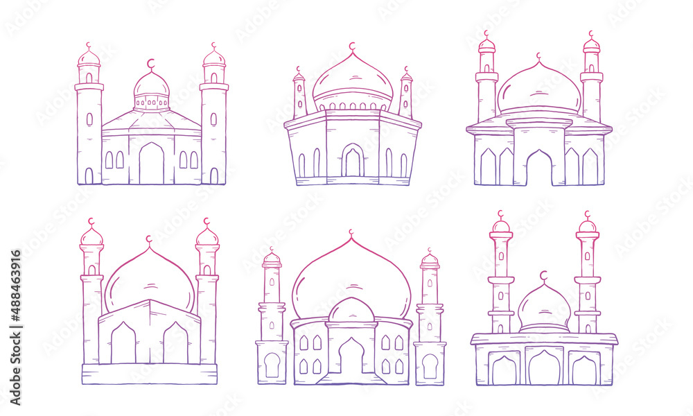 Set of Islamic Mosque. Illustration vector graphic. Design concept Mosque with HandDrawn Sketch style, Perfect for Islamic sticker, greeting card , Best element set for your Islamic design.