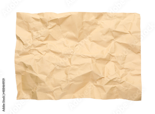 Sheet of crumpled brown paper on white background, top view