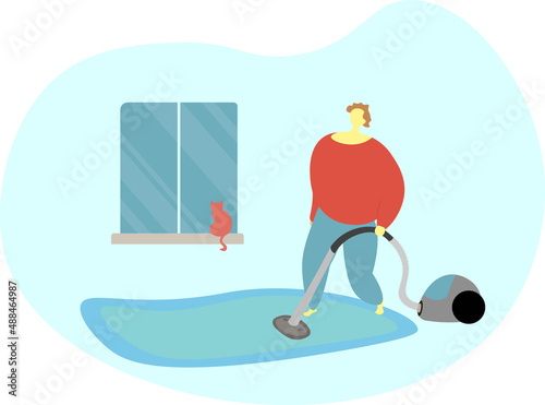 Young man clean up in his room with cat on window. Flat vector illustration