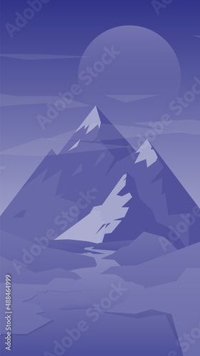 Landscape of mountain and river at night. Beutifull vector illustration. Background for smartphone.