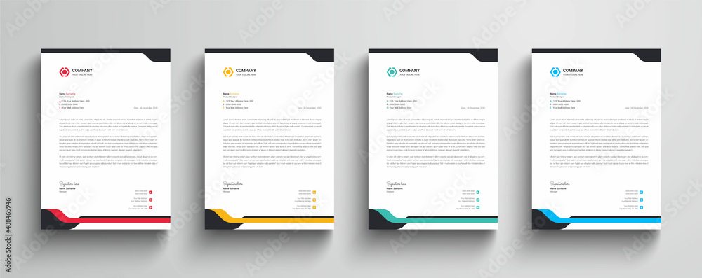 Modern and minimalist Company business letterhead template | Red, Yellow, Turquoise, Blue color variation business letterhead bundle Modern and minimalist Company business letterhead template | Red, Yellow, Turquoise, Blue color variation business letterhead bundle
