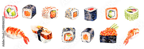 watercolor set with sushi and rolls, with salmon and eel, with caviar, on a white background for creating postcards, textures, menu design