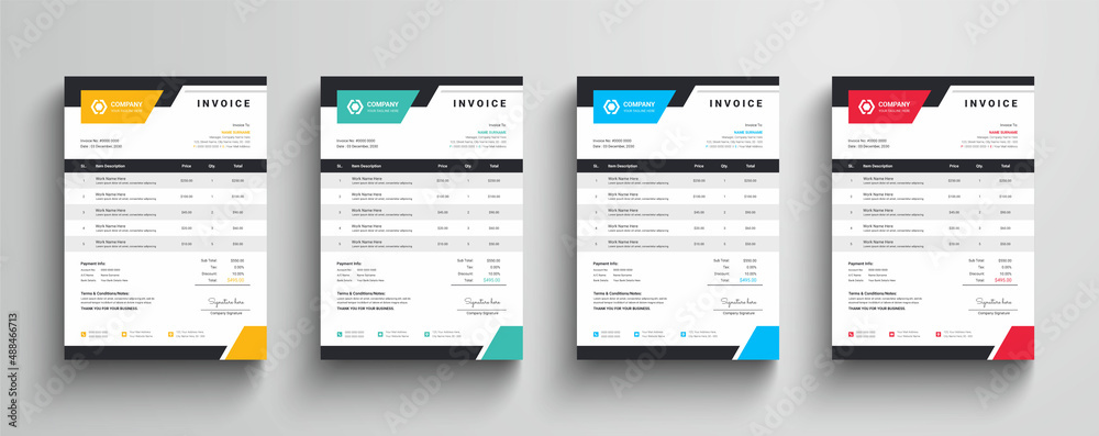 Clean and simple corporate company business invoice template with color variation bundle