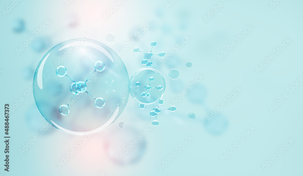 Molecule inside Liquid Bubble. skin care cosmetics, 3d illustration