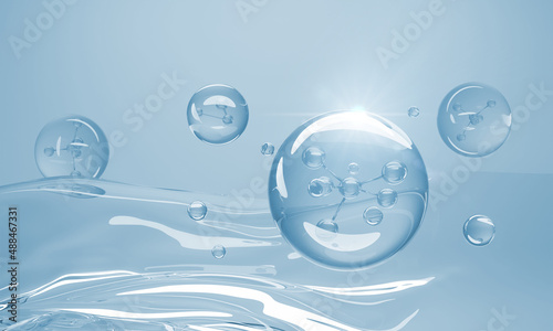 Molecule inside Liquid Bubble on water background. Cosmetic Essence, Cosmetic spa medical skin care, 3d illustration