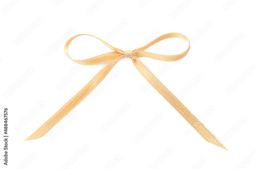 Beautiful golden ribbon tied in bow isolated on white, top view Beautiful golden ribbon tied in bow isolated on white, top view