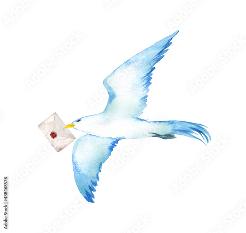 手紙を運ぶ青い鳥 水彩イラスト