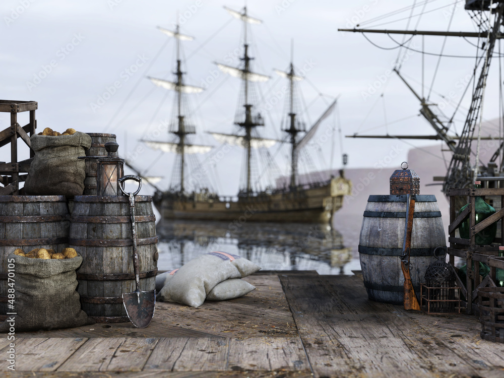 Background Of A Pirate Docking Port With Various Trade Goods And A