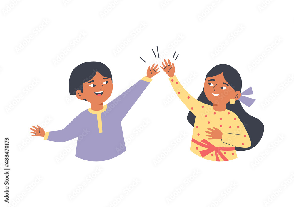 Kids friendly cheerful high five greeting flat vector illustration isolated. Kids friendly cheerful high five greeting flat vector illustration isolated.