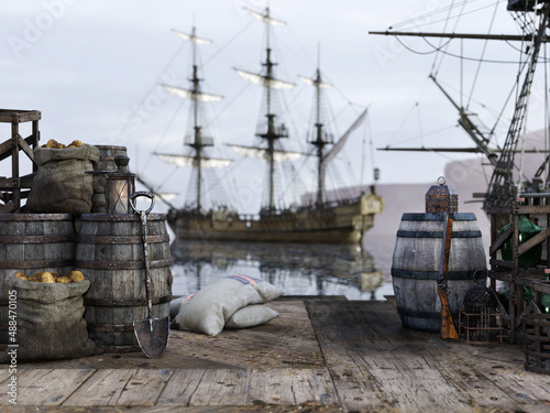 Background of a pirate docking port with various trade goods and a pirate ship in background. Backdrop is ready for your character, imagination and creativity. 3d rendering