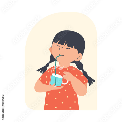 Cute little girl drinks water from glass jar with straw  flat vector illustration isolated on white background.