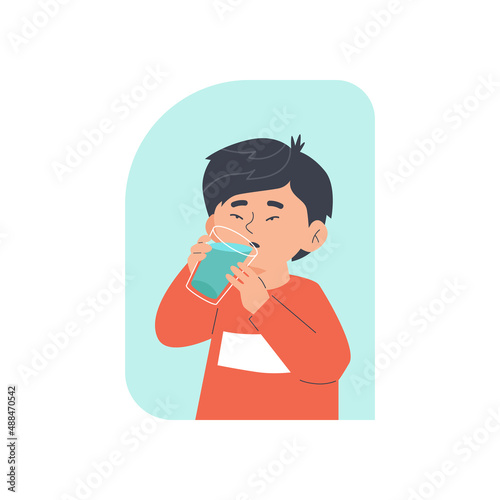 Little child boy drinking water cartoon flat vector illustration isolated.