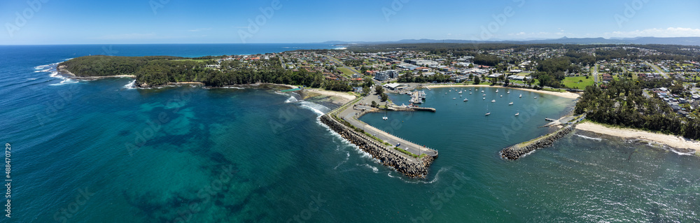 Aerial panorama of the harbour at Ulladulla, NSW, Australia