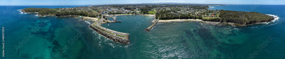 Aerial panorama of the harbour at Ulladulla, NSW, Australia