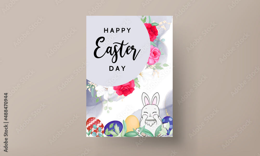 beautiful Easter card with cute bunny  mushroom and beautiful flower