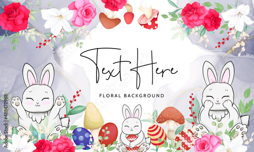 hand drawn background with cute bunny  mushroom and beautiful roses flowe