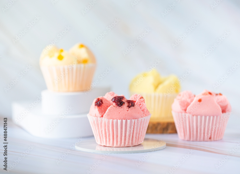 Set of Thai steam Cupcake, sweet colour with white background. Food issue. Thai desert. Selective focus.