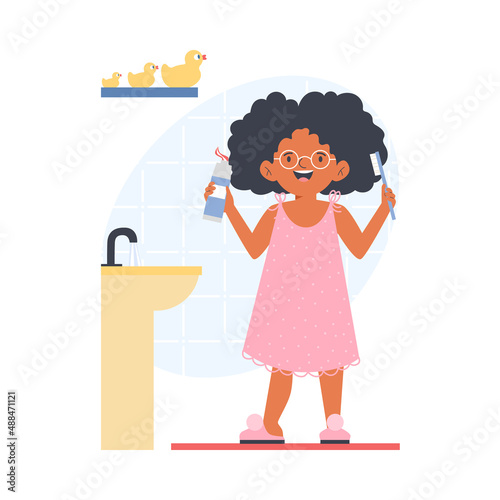 Child in nightgown with toothbrush and paste, flat vector illustration isolated.