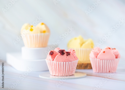 Set of Thai steam Cupcake, sweet colour with white background. Food issue. Thai desert. Selective focus.