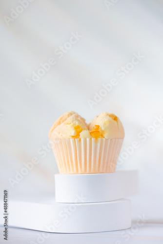 Set of Thai steam Cupcake, sweet colour with white background. Food issue. Thai desert. Selective focus.