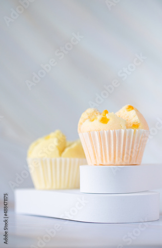 Set of Thai steam Cupcake, sweet colour with white background. Food issue. Thai desert. Selective focus.