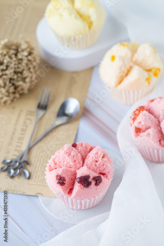 Set of Thai steam Cupcake, sweet colour with white background. Food issue. Thai desert. Selective focus.