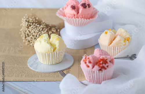 Set of Thai steam Cupcake, sweet colour with white background. Food issue. Thai desert. Selective focus.