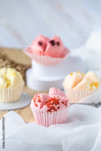 Set of Thai steam Cupcake, sweet colour with white background. Food issue. Thai desert. Selective focus.