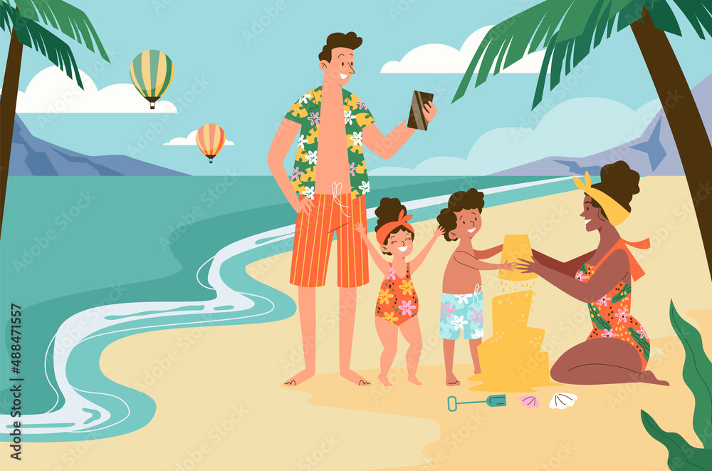 Family with children relaxing and playing on beach, flat vector illustration.