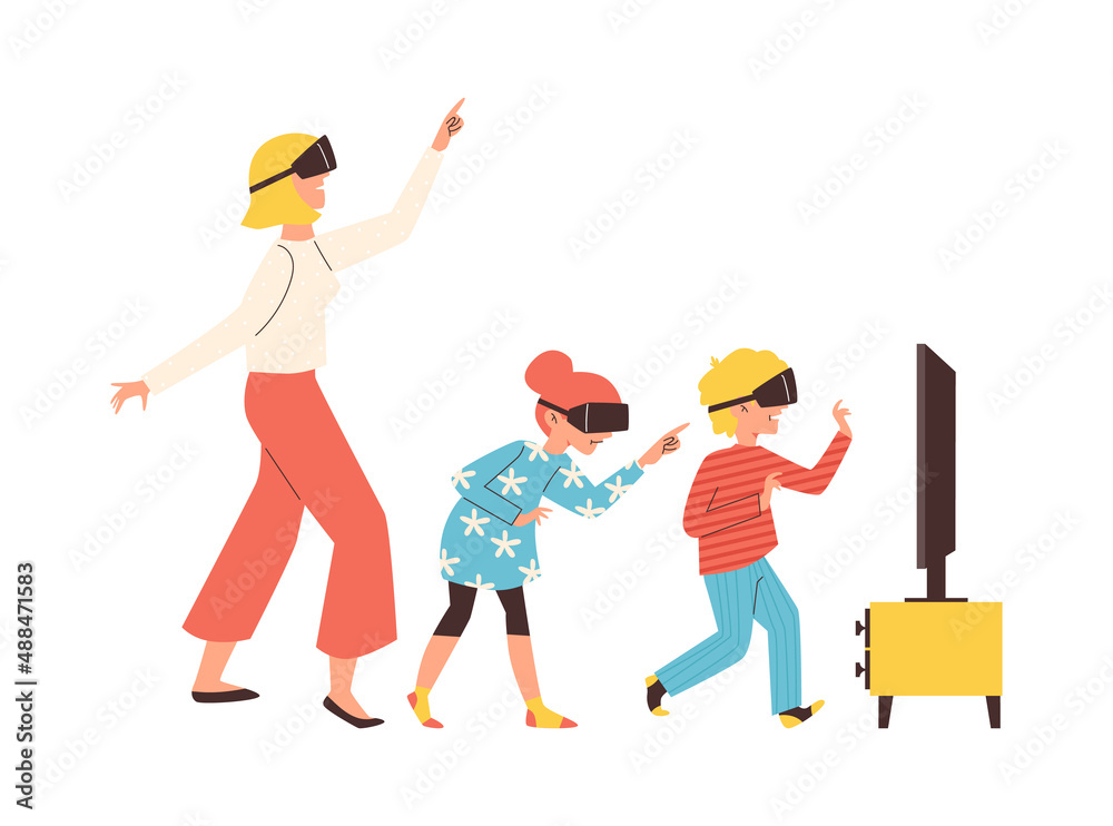 Family playing video games in VR glasses, flat vector illustration isolated. Family playing video games in VR glasses, flat vector illustration isolated.
