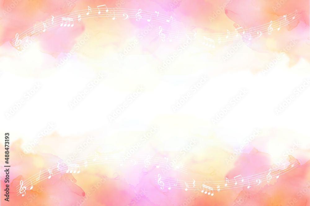 音符とピンクの水彩タッチの背景
